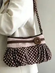 Retro light luxury elegant atmosphere wave point shoulder bag, large button decoration design, fashionable niche personality practical texture pleated armpit bag, suitable for daily commuting, shopping, and gatherings