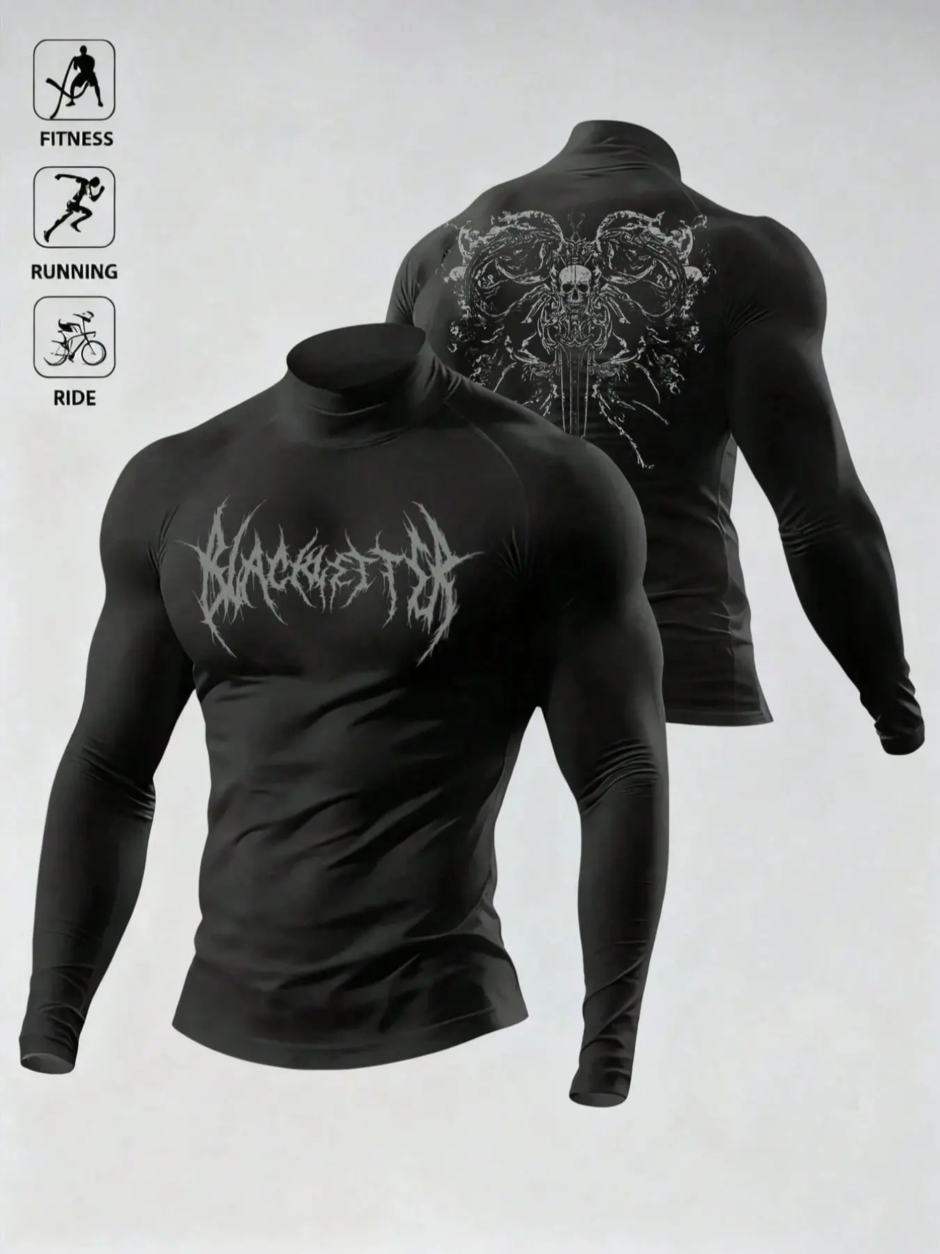Men's High-Neck Compression Shirt, Long-Sleeve Athletic Gym Shirts with Graphic Print, 4-Way Stretch, Quick-Dry for Fitness, Running & Riding, Athletic Workout Top