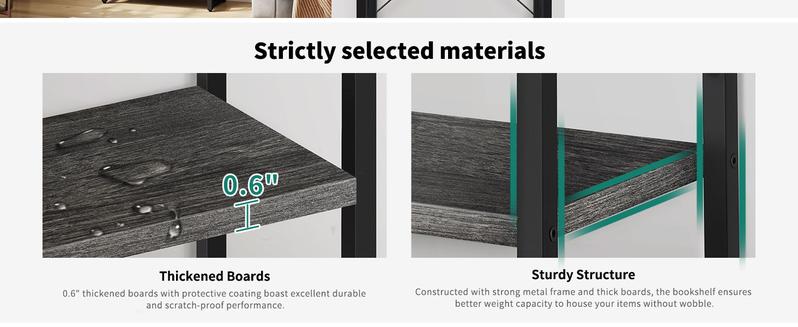 DWVO 5 Tiers Bookshelf, Industrial Artsy Grey Bookcase Bookshelves, Book Rack, Storage Rack Shelves Books Holder Organizer for Books Movies in Living Room Home Office, Charcoal Gray + Black