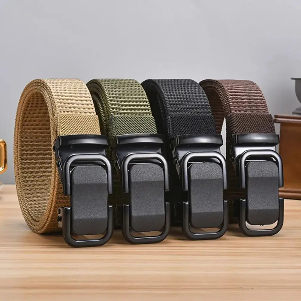 2pcs Men's Multifunctional Casual Tactical Ratchet Belt - Universal 47in Trim-To-Fit No-Hole Easy Adjustable Sliding Belt, Durable Square Automatic Buckle, Minimalist Breathable Nylon Elastic Girdle, DIY Bag Accessory, Easy Adjustable Belt