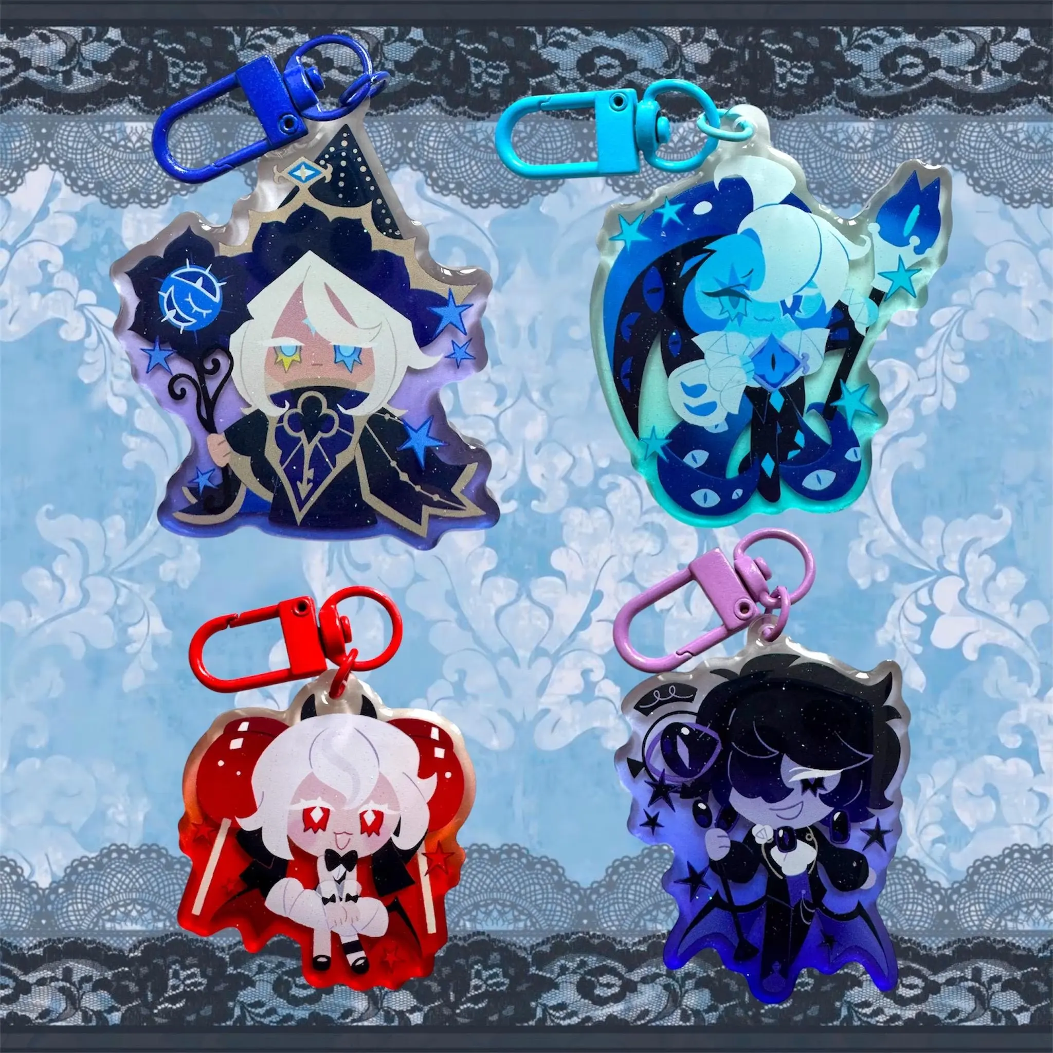 Cookie Run Deceit Trio + Truthless Recluse Acrylic Charms, crk keychain, Cookie Run Kingdom Keychain, CRK charm,  Candy Apple crk, Truthless Recluse crk, Shadow Milk, Black Sapphire, shadowvanilla, pureshadow shadow milk, cookie run