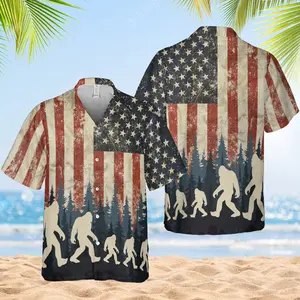 Bigfoot US Flag Aloha Top Menswear, Bigfoot Patriotic Shortsleeve Hawaiian Shirt, Independence Day Tropical Casual Summer Polyester Streetwear