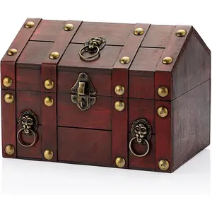 Treasure Chest Box, Pirate Keepsakes Box for  Gifts Pirate Theme Party, Wooden Treasure Storage Box Decorative Box for   Trinkets,  Red