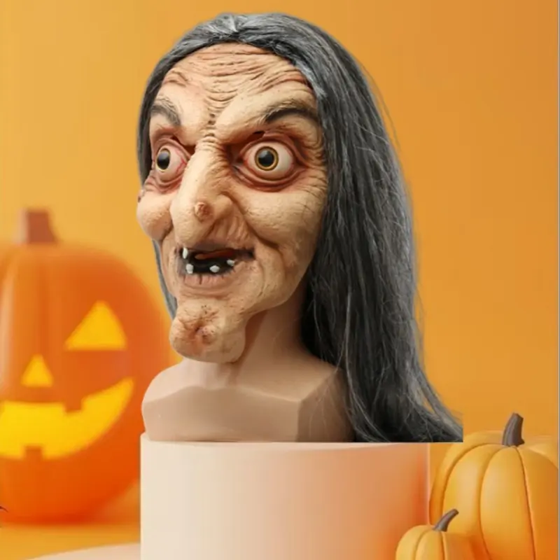 Halloween Witch Latex Mask with Hair Wig, 1 Piece Costume Accessory for Party, Spooky Makeup for Women & Girls