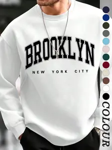American Varsity Style, Vintage, Burgundy Oversized Loose BROOKLYN Letter Crewneck Sweatshirt Autumn/Winter Fleece-Lined Unisex Couple Style, Retro City Print Dropped Shoulder Ivy League Casual Pullover #VarsityStyle #CollegeHoodie #ootd Essential