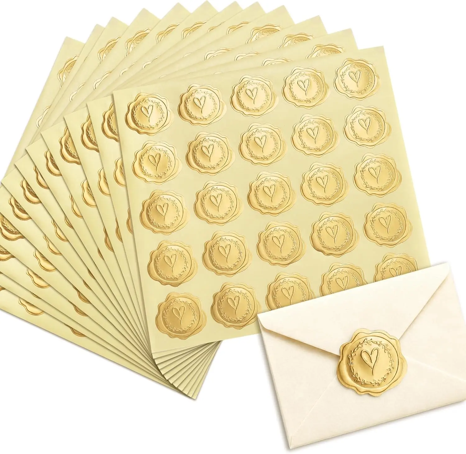 300pcs Gold Embossed Wax Seal Looking Heart Envelope Seals | for Wedding Invitations/Greeting Cards/Party Favors, Self-Adhesive