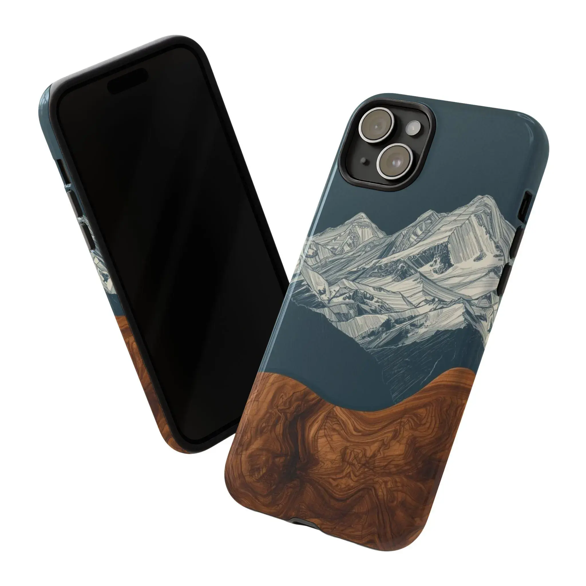 Mountain Landscape Tough Phone Case | Wood Grain Design for iPhone 17 16 15 14 13 12 11 Pro Max