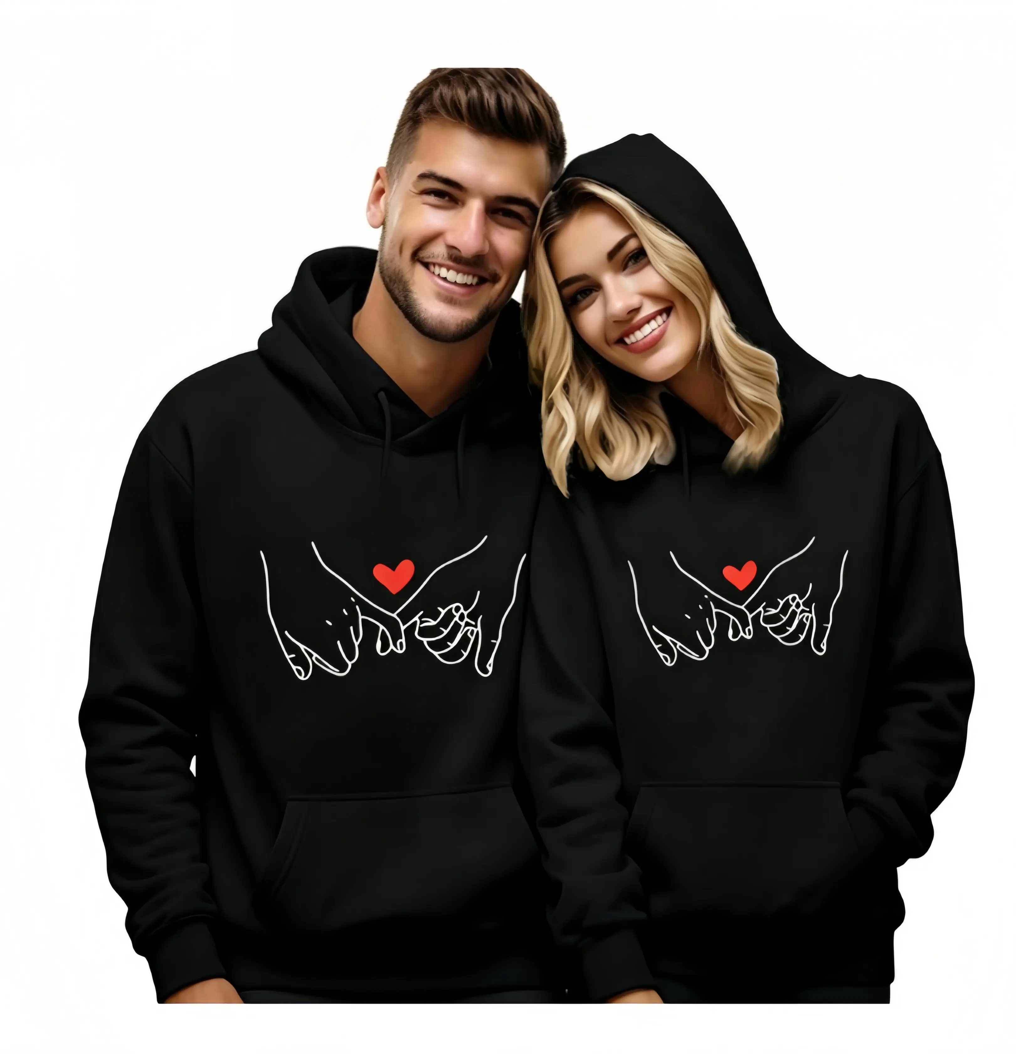 Couples Matching Hooded Cotton Shirts & Sweatsuits - 1pc His & Hers Oversized Hoodies with Heart Hands Print, Valentine's Day Outfits, All-Season Comfort, Machine Washable, Cozy Casual Lady Wear with Pockets, Red Heart & Hand-Hold (Sports Outerwear)