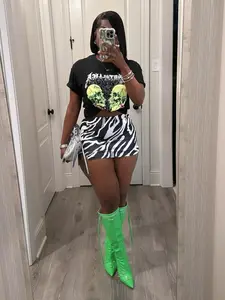 Women's Graphic Skull Print Tee & Zebra Stripe Print Bodycon Skirt Set, Street Fashion Round Neck Short Sleeve T-shirt & High Waist Skirt for Daily Wear, Ladies Summer Clothes