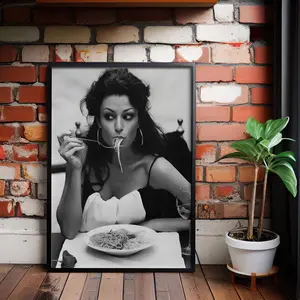 Global Italian Woman Eating Spaghetti Poster, Black And White Vintage Photo, Pasta Print, Kitchen Wall Decor, Poster NoFramed