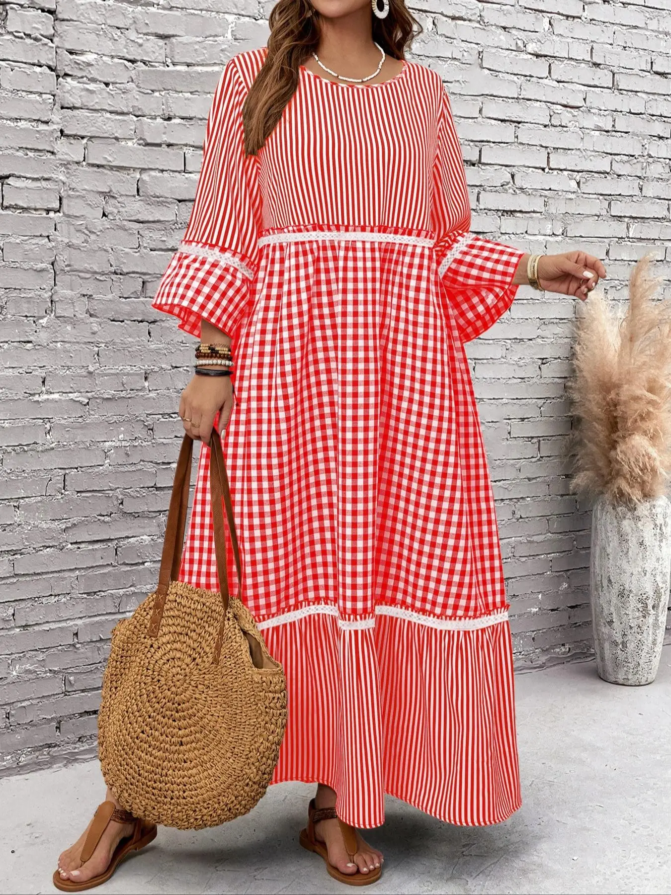 High Waist Patchwork Slimming Midi Dress, Women's Spring & Fall Bohemian Boho Loose Fit Belly Concealing Plaid Long Sleeve Cotton Linen Casual Wear A-Line Dress, Summer Breathable Everyday, Boho Summer Holiday