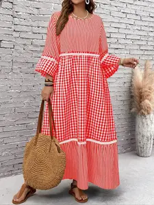 High Waist Patchwork Slimming Midi Dress, Women's Spring & Fall Bohemian Boho Loose Fit Belly Concealing Plaid Long Sleeve Cotton Linen Casual A-Line Dress