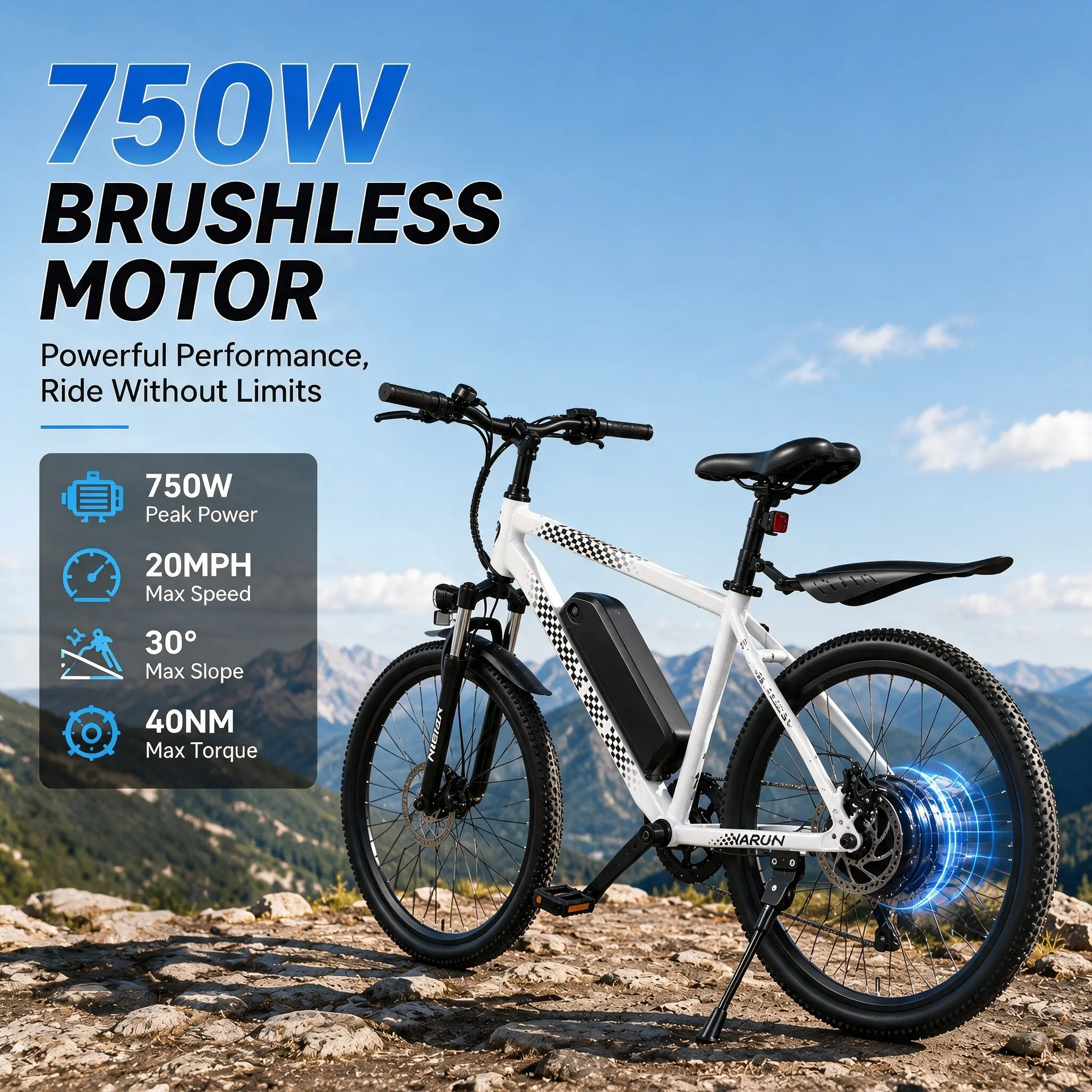 Commuter electric bicycle with a powerful 750W brushless motor delivering high torque (40N), 36V 7.8Ah removable battery, top speed up to 20 mph, 24*1.75 all-terrain tires, range up to 40 miles, lockable shock-absorbing front fork, dual disc brakes, profe