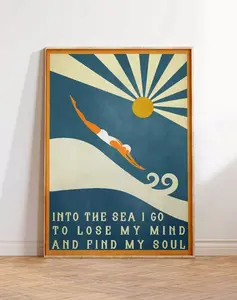 And Into The Sea I Go Poster, Swimming Art, Vintage Gift, Wall Art Decor Print