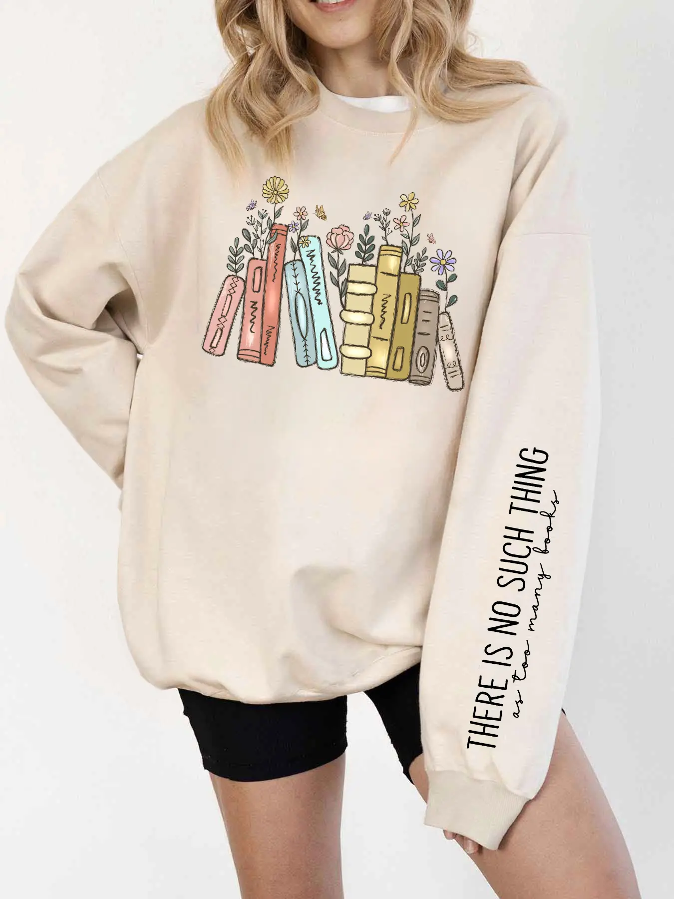 Daily Wear Literary Book Graphic Sweatshirt Crewneck - Beige Versatile Loose Casual Fit Pullover for Bibliophiles & Literary Enthusiasts Womenswear