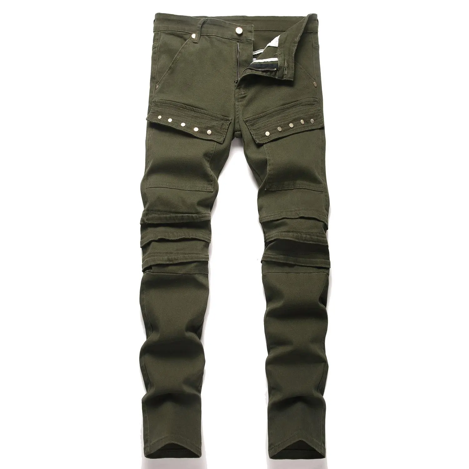 XIMXIMMTIAN Menswear Men's Slim Fit Retro Green Bootcut Jeans - 5-Pocket, Stretch Water-Washed, Tear-Ripped, Comfortable Body-Friendly Designer Streetwear Casual Biker Denim Pants