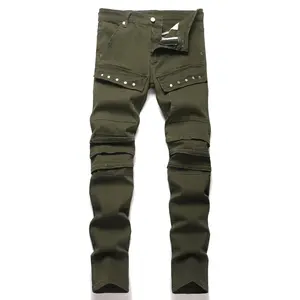 XIMXIMMTIAN Men Slim Fit Retro Green Jeans Multi-pocket Designer Casual Street Tear Fashion Straight Stretch Water Washed Motorcycle Biker Denim Moto Skinny Pants Comfort Ripped Men's bootcut