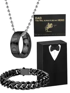 Father's Day Gift Set, 4-Piece Fashion Dad Ring Necklace with Luxury Box, Perfect Birthday Present for New Dads