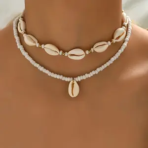 2PCS Boho-Chic White Artificial Shell Pendant Handmade Beads Necklace Stackable Women Party Wedding Fashion Accessory Necklace Vintage Ethnic Adjustable Clavicle Chain Set Vacation Beach Jewelry