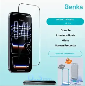 Benks Air Shield HD screen protector for iPhone 17 Pro Max, available in 1-pack or 2-pack options, durable aluminosilicate glass, ultra-thin at 0.3 mm, crystal clear, smooth touch, easy installation