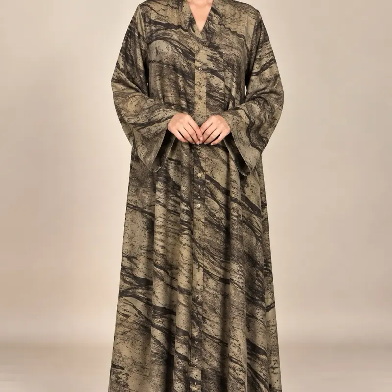 Size L/56 Marble Design Premium Long Sleeve Open Front Button-Down Abaya, Female Muslim Fashion Traditional Style Islamic Clothing, Modest Wear