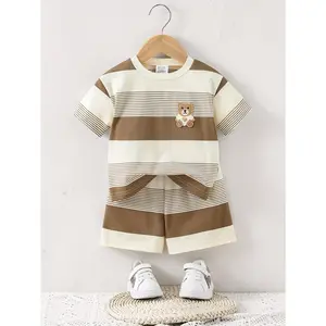 2pcs Summer Casual Baby Outfit - Brown & White Striped Shorts Set with Cute Bear Patch, Comfortable Stretch Fabric for Outdoor Play and Daily Wear, Everyday Baby Clothes |     Playful Bear Design |     Comfortable Fit, Baby Clothes