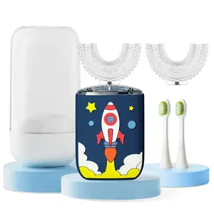 Kids U Shaped Electric Toothbrush Ultrasonic Automatic Brush with 4 Brush Head 6 Clean Modes IPX7 Waterproof Whole Mouth Rechargeable Smart Timer Toothbrushes for Children Age 2-7 (Blue) Oral Hygiene Daily Cleansing Christmas gift