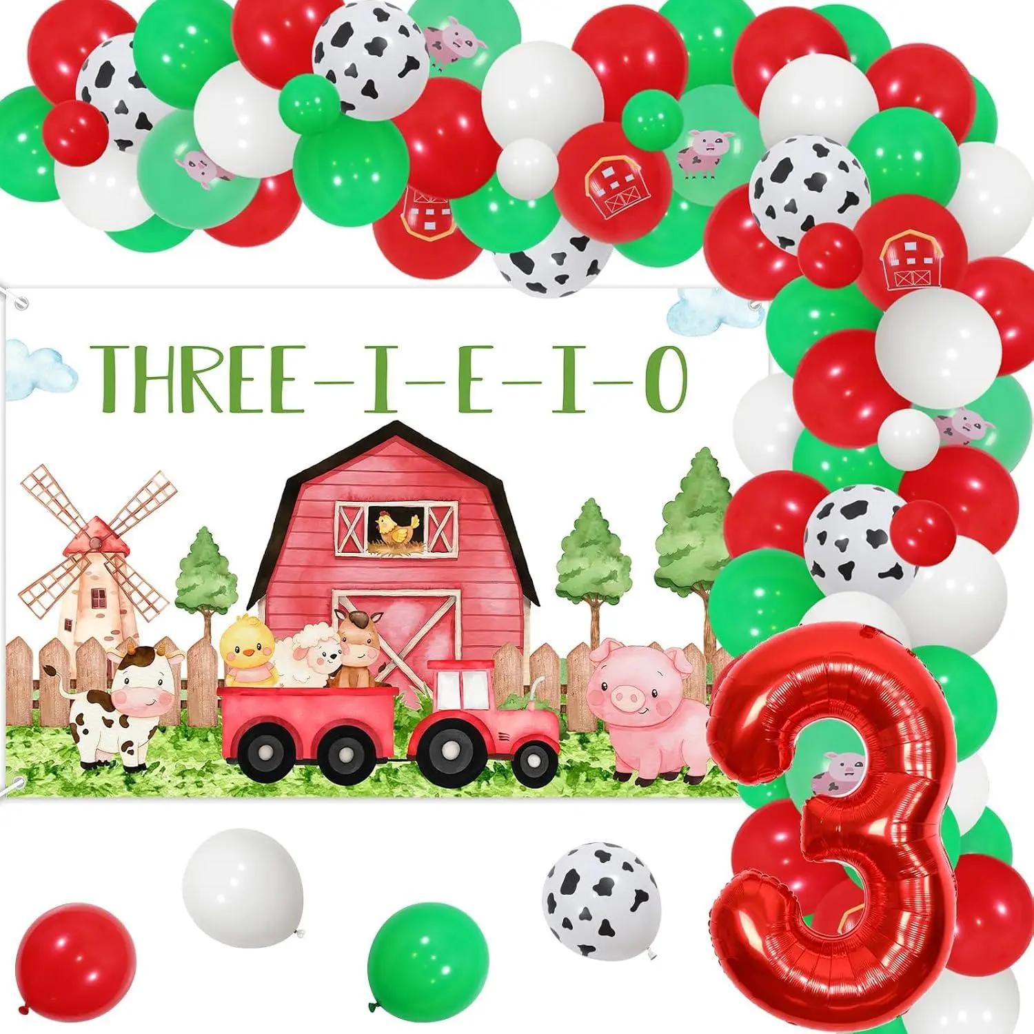 Farm Animal 3Rd Birthday Decorations, Three I E I O Farm Party Decoration Backdrop Latex Balloon Garland Arch Kit Foil Balloon Red For Barn Animal 3 Years Old Third Birthday Party Decoration
