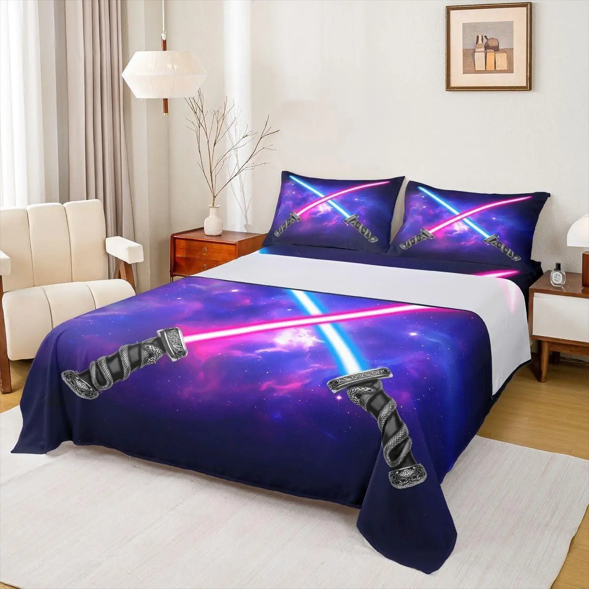 Lightsaber Sheet Set,Light Saber Sword Bedding Set for Kids Boys Teen Room Decor,Blue Purple Starry Sky Bed Sheet Set with Deep Pocket Fitted Sheet + Flat Sheet