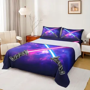 Lightsaber Sheet Set,Light Saber Sword Bedding Set for Kids Boys Teen Room Decor,Blue Purple Starry Sky Bed Sheet Set with Deep Pocket Fitted Sheet + Flat Sheet
