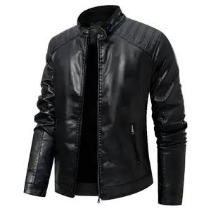 Men's Stand Collar Faux Leather Motorcycle Jacket, Casual Outerwear Coat with Zipper Pockets