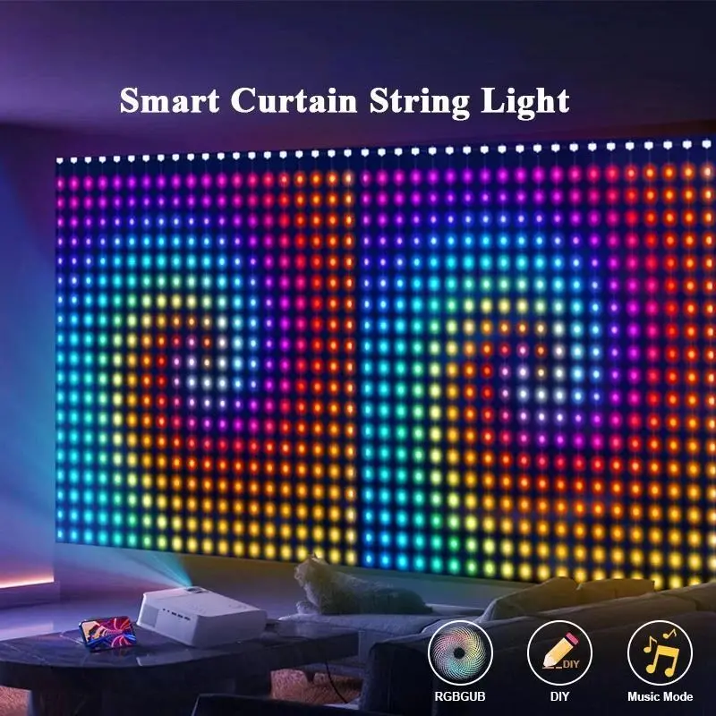 2Pcs Smart Curtain Light App DIY Picture Text Led Display Smart LED RGB String Light RGB LED Bluetooth Control Curtain Lights Adjustable Rgb Lighting
