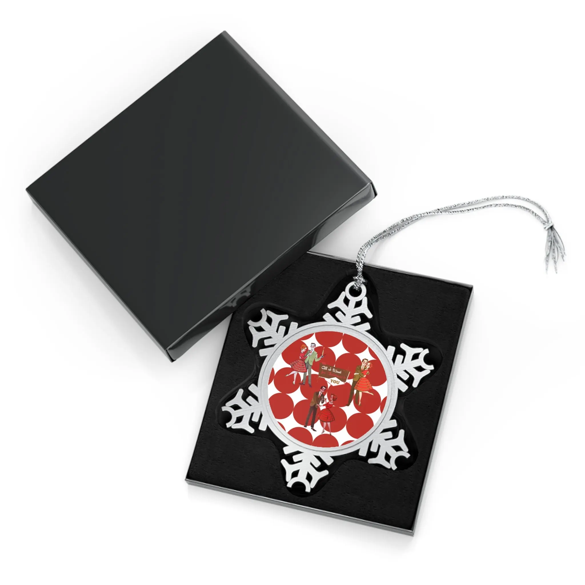 All I Want For Christmas Is You, Kitschy 50s Mod Couples Pewter Snowflake Ornament