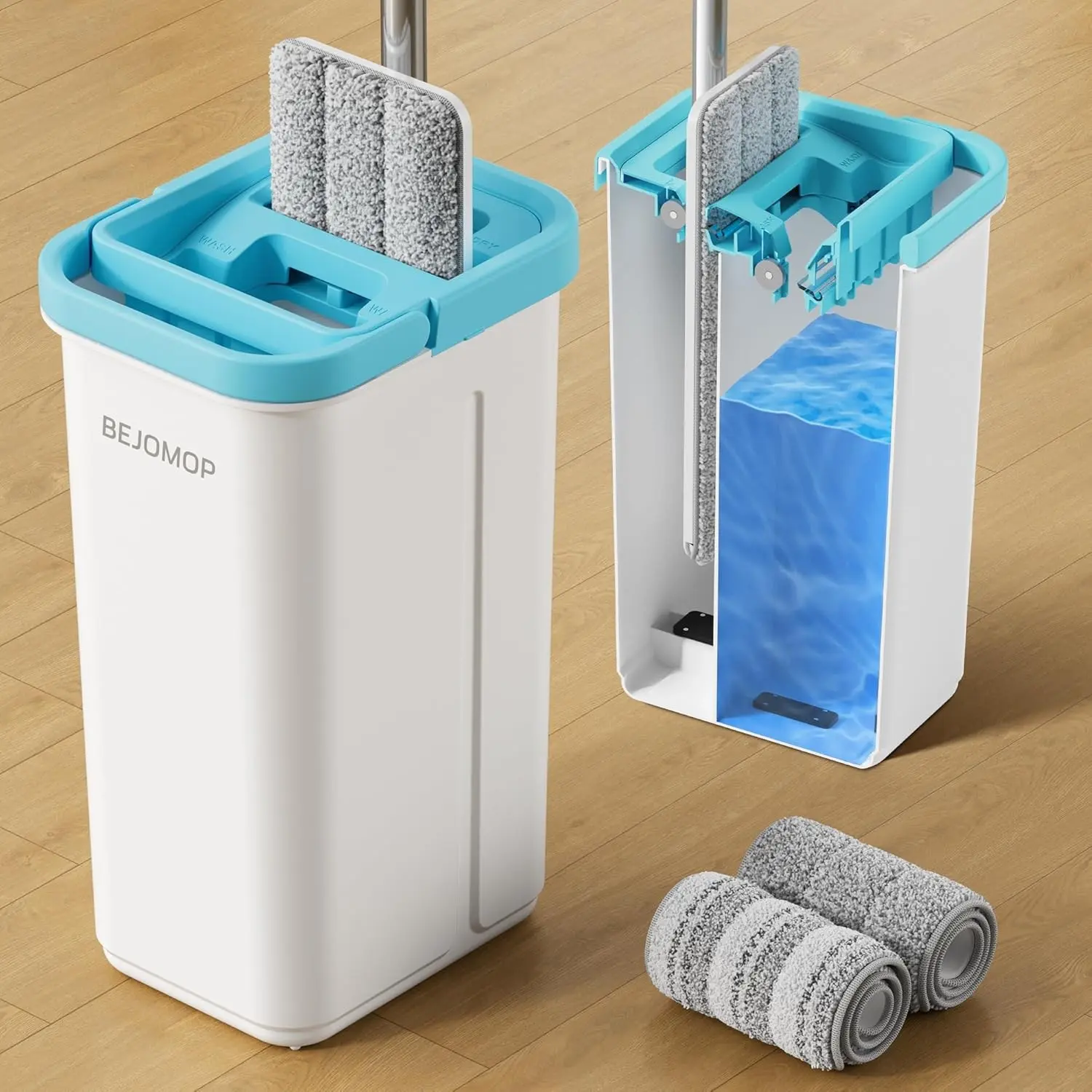 Mop and Bucket Set, Mops for Floor Cleaning Turquoise-Cyan, 60" Long Handle Wall Mop, Squeeze Flat Mop and Bucket System, Dry & Wet Dust Mop for Household Cleaning with 2 Microfiber Mops
