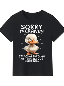 Funny Black T-Shirt for Men | Featuring Grumpy Cartoon Duck with Bold Text "SORRY I'M CRANKY" | Perfect for Embracing Your Inner Grump with Humorous 70s Theme | Ideal Casual Wear for Those Who Love a Good Laugh