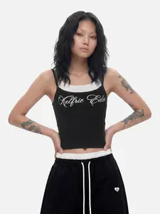 Aelfric Eden Contrast Layered Padded Cami Top Slim Cropped Fit Fake Two-Piece Layer Design Built-in Padded Cups Chest Cursive Logo Print High-Stretch Ribbed Fabric Y2K Edgy Streetwear Women's Camisole