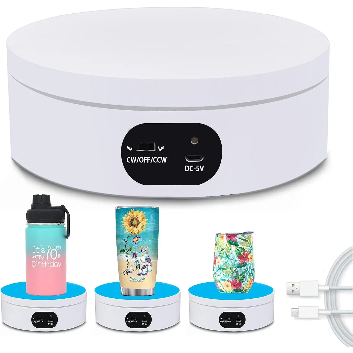 Turner Cup Rotating Display Stand for Epoxy Glitter Tumbler, 360 Degree Automatic Mute Rotating Turntable for Photography Products and Shows. Bling Bling Tumbler Making Supplies Spinner White USB