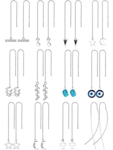 Versatile 12 Pairs Silvery Long Chain Threader Earrings Fashionable Copper Lightweight Chain Wave Ear Cuffs for Women Men Crawler Earrings Set Minimalist Chain Earrings Set Ear Studs