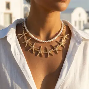 Bohemian Starfish S Conch Pendant Necklace for Women Imitation Pearl Turtle Beads Charm Choker Beach Party Vacation Jewelry