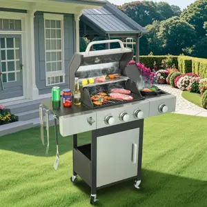 Three-head propane gas grill with side burners. Output: 3 BTU. Equipped with enameled cast iron grills. Made of stainless steel for outdoor use.