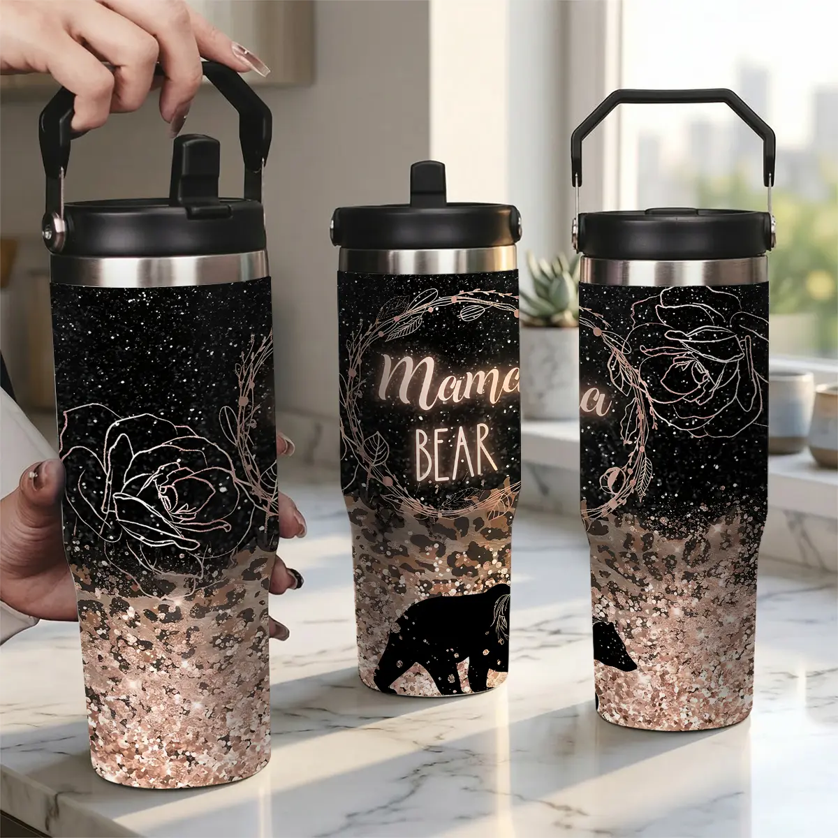 Mama Bear Skinny Tumbler, Rose Gold Glitter and Leopard Stainless Steel Insulated Travel Cup, Gift for Mama, Wife, Grandma - Includes Lid & Straw
