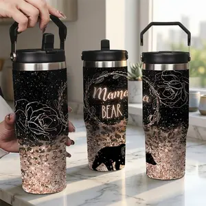 Mama Bear Skinny Tumbler, Rose Gold Glitter and Leopard Stainless Steel Insulated Travel Cup, Gift for Mama, Wife, Grandma - Includes Lid & Straw