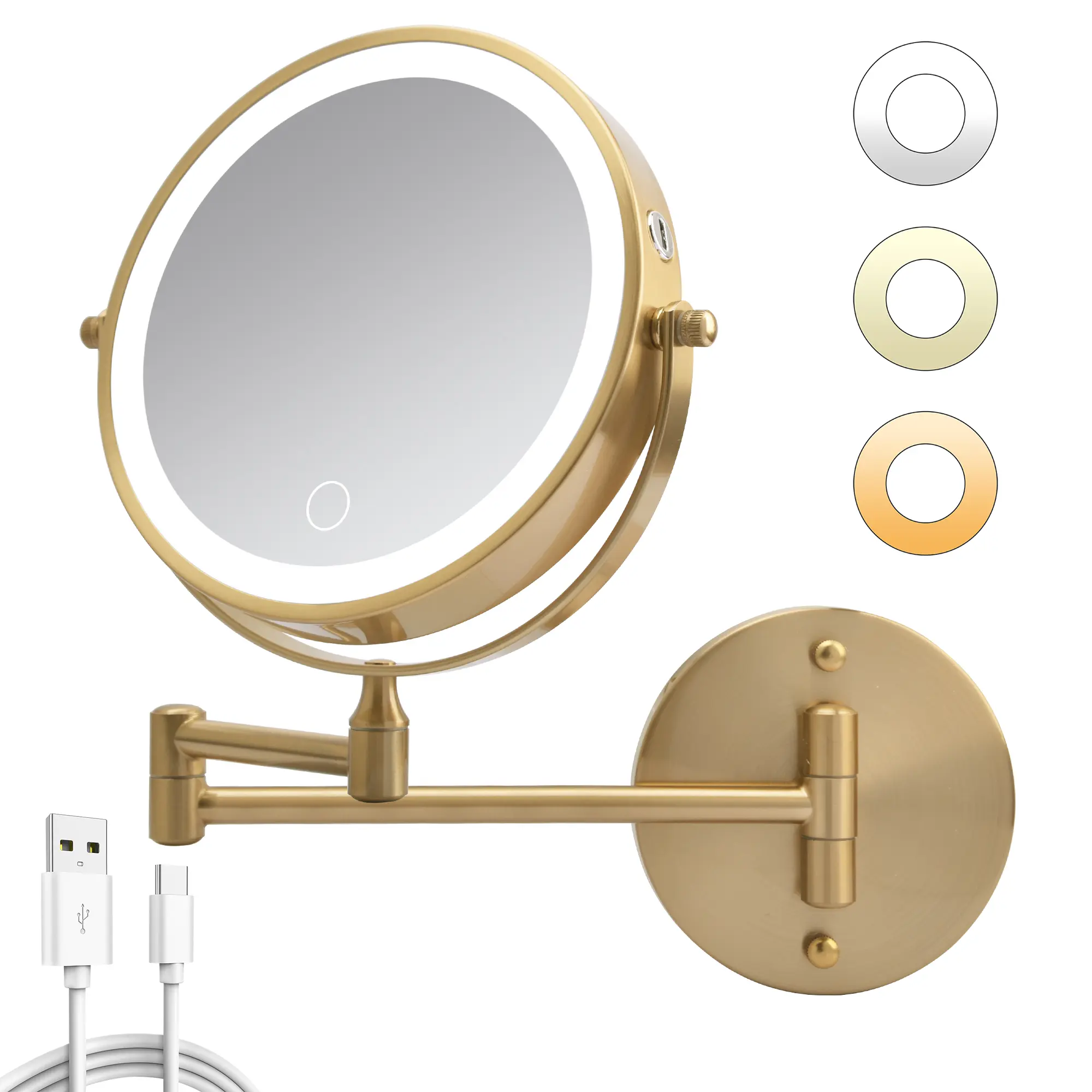 8-Inch Rechargeable Wall-Mounted LED Magnifying Mirror for Bathroom Decor, Double-Sided 1X/10X Magnification, 360-Swivel Foldable Arm for Makeup & Shaving