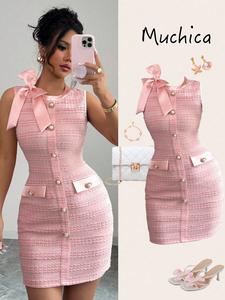 Women's Elegant Sleeveless Bodycon Short Dress, Satin Ribbon Bow Decor, Pearl Metal Buckle, Perfect for Date, Romantic Occasions, Party