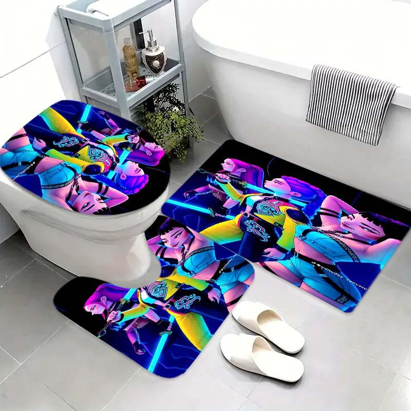 Creative Cartoon Anime Girl Group Shower Curtain Set, Includes Bath Mat, Toilet Lid Cover, U-Shaped Tray, Polyester Fiber Bathroom Decor Gift