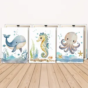 3 Counts Wooden Framed Canvas, Cute Ocean Animals Whale Seahorse Octopus Images, Exquisite Poster, Creative Design Print, Perfect Living Room Decoration, Modern Art, Fashion Family Poster, Wall Art Decoration, Odorless, Artwork