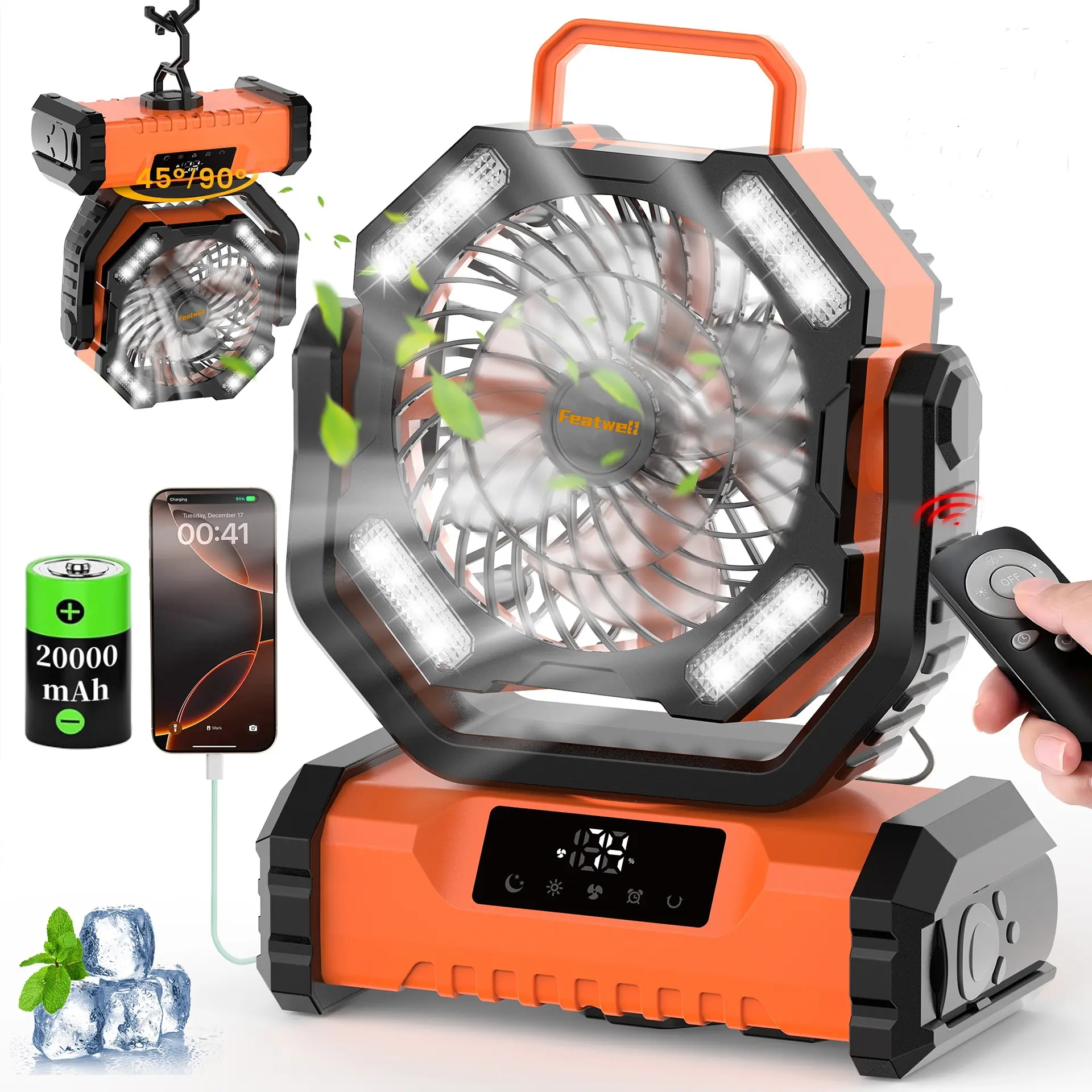 Featwell 20000mAh Rechargeable Camping Fan with LED Light, 5-Speed Fan Adjustment, Remote Control, 270° Adjustable Wind Direction, Touchscreen Interface