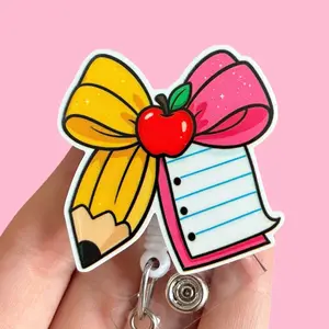 Glitter My Badge teacher pencil bow badge reel for nurse and hospital workers. Badge clip Badge pull - Retractable swivel clip with a 360 rotation. Great gift for coworker.