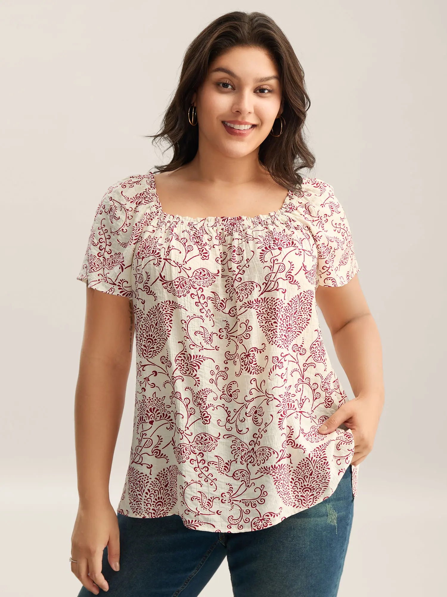 Women's Plus Size Lady Nylon Shortsleeve Bohemian Floral Print Top - Shirred Neck, Flowy Fit, Smooth Fabric, Neck-Lengthening 2026 Summer Turn-Up Pick [M-6X] Swimweek, Summerfinds Fit Womenswear