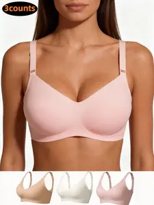 3 Pack Women's Seamless Solid Bra, No Underwire Comfort Push-Up Bras, Breathable Sports Bra, Sporty Breathable Bras, Workout Bras, Butterly Soft Wireless Jelly Bralette, Full Coverage Sports & Casual Wear